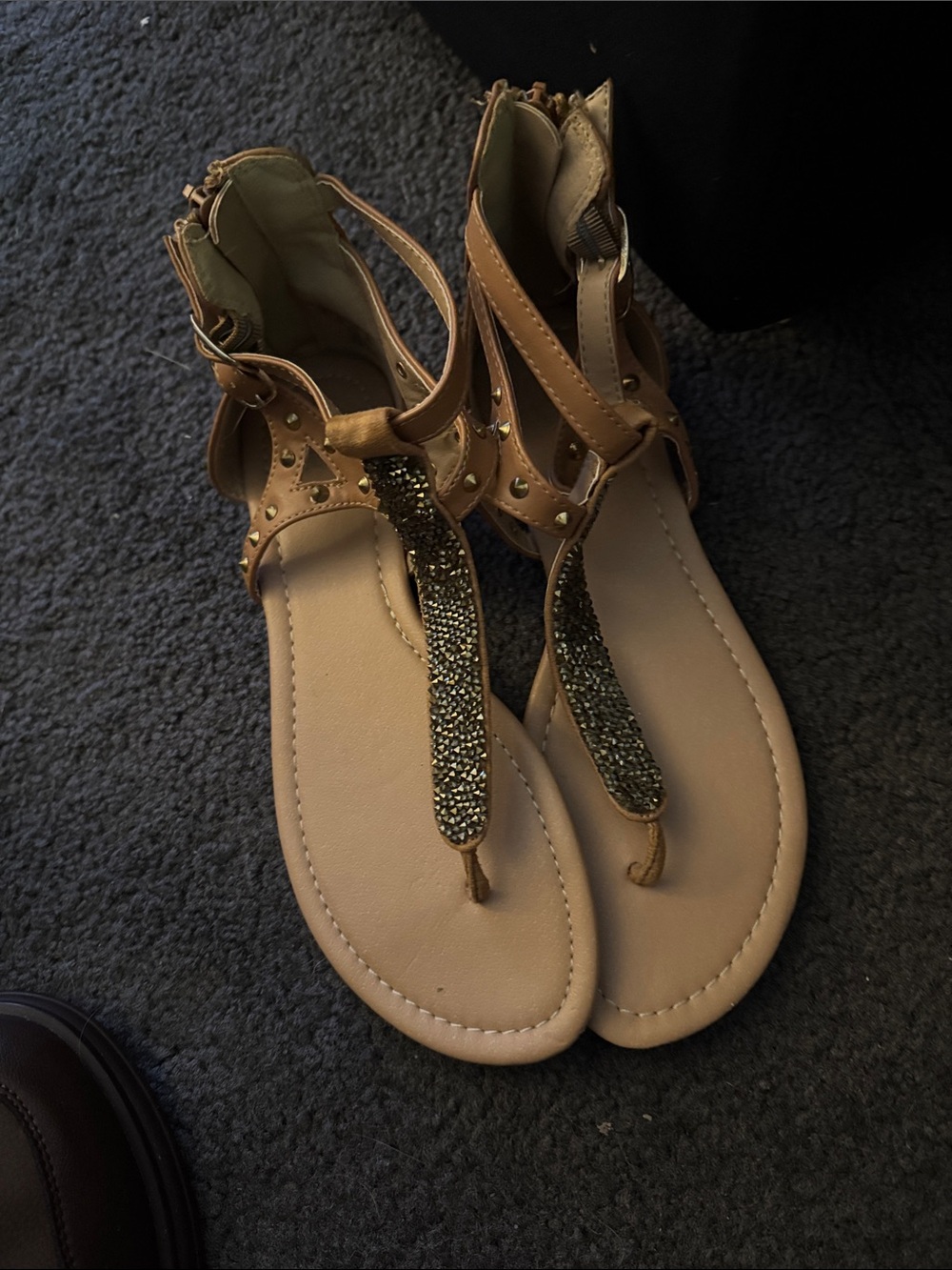 Route 66 Tan T-Strap Sandals with Gold Beaded Accent